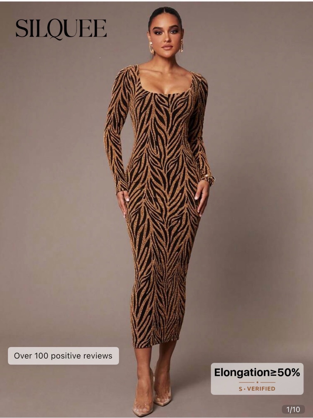 SHEIN Brown & Black Zebra-Print Long Sleeve Bodycon Midi Dress